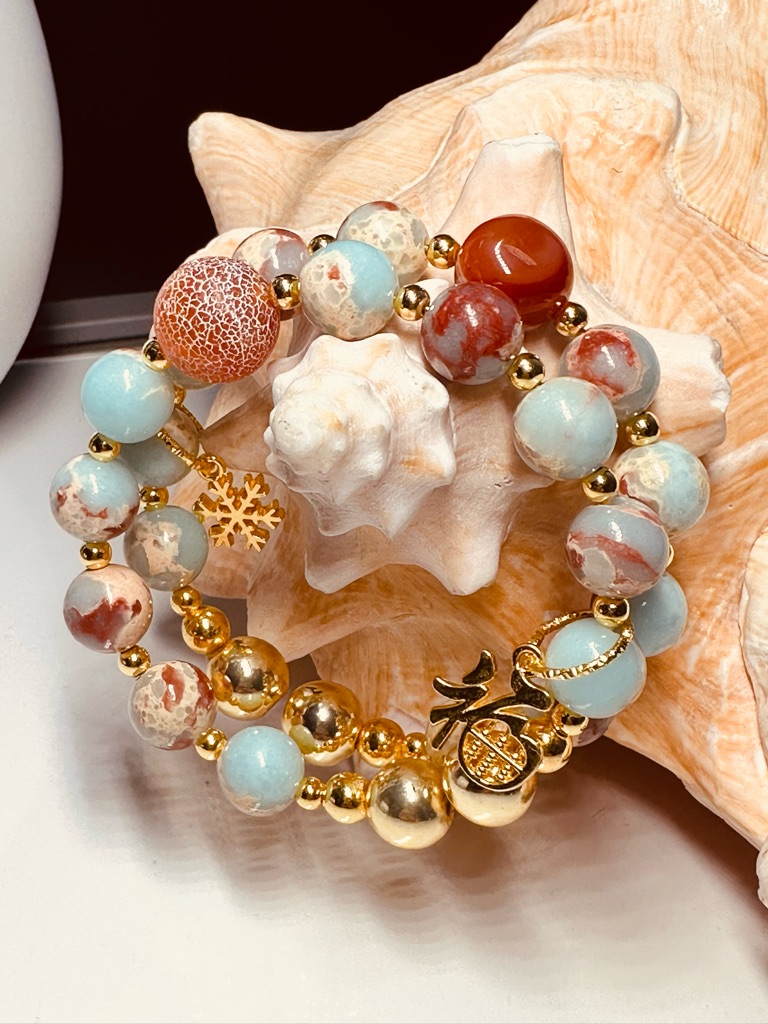 Gold Red-Blue Beaded Stretch Bracelet Set 45$